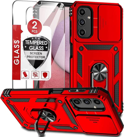 Hoesje Geschikt Voor Samsung Galaxy A14 hoesje Rood met Ring Houder en camera bescherming - Galaxy A14 Screenprotector - 2 stuks