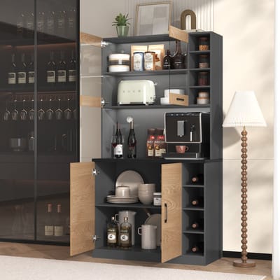 MODENUIT Keukenkast - Met LED-Verlichting En Kabeldoorvoer - Voor Keuken En Eetkamer - MDF En Glas - 100x47x187 Cm