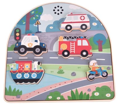 LUNA Houten Geluidspuzzel Voertuigen – 5 Geluidsstukken (Politie, Brandweer, Ambulance, Motor & Boot) – Peuter Puzzel 12m+