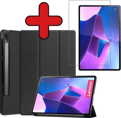 Hoesje - Geschikt voor Lenovo Tab P12 Pro - Met Screenprotector - Hardcover Book Case - Trifold Bookcase Hoes - Hard Cover - Tablethoes - Zwart