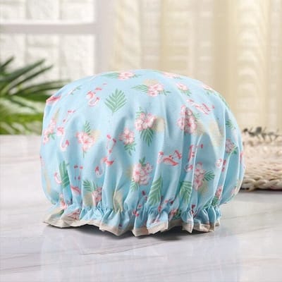 CHPN - Douchemuts - Hippe douchemuts - Blauw met flamingo en bloemetjes - Douchekapje - Praktische douchemuts - Douche kapje - Douche cap - Douchecap - Douche muts - Shower cap - Flamingo en bloemen