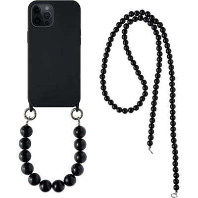 INS Crossbody Lanyard Ketting Telefoonhoesje Voor iPhone 17 16 14 11 12 Pro Max 13 Mini 15 Plus X Zachte Achterkant Ronde Kralen Ketting Cover for iPhone 15 Pro&case Lanyard Chain black