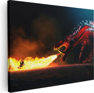 Artaza Canvas Schilderij Vuurspuwende Draak - 40x30 cm - Klein - Muurdecoratie Fantasy - Wanddecoratie Strijder - Kamer Accessoires Donker
