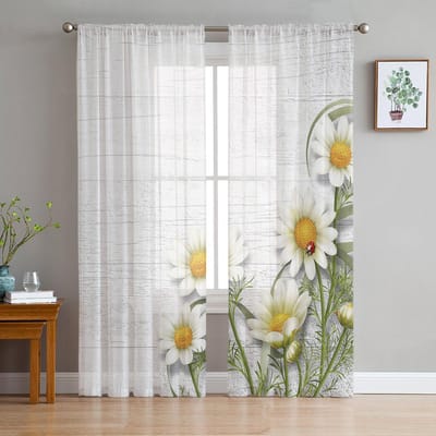 Lieveheersbeestje Houtnerf Transparant Gordijn Voor Slaapkamer Tule Voile Gordijn Voor Keuken Woonkamer Decoratie Raambekleding 135W x 114H(cm) white