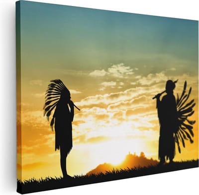 Artaza Canvas Schilderij Indianen Silhouet - 80x60 cm - Wanddecoratie Zonsondergang - Muurdecoratie Amerika - Schilderijen Op Canvas Natuur