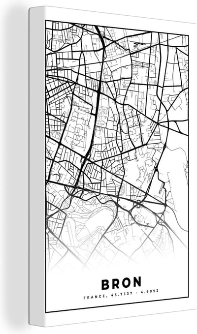 Canvas Schilderij Plattegrond - Kaart - Frankrijk - Stadskaart - Bron - Zwart wit - 20x30 cm - Wanddecoratie