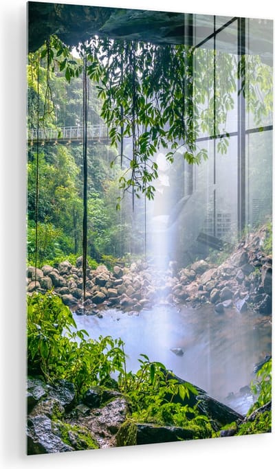 MuchoWow® Glasschilderij 100x150 cm - Schilderij acrylglas - Jungle - Regenwoud - Water - Waterval - Planten - Foto op glas - Muurdecoratie woonkamer - Wanddecoratie slaapkamer - Schilderijen