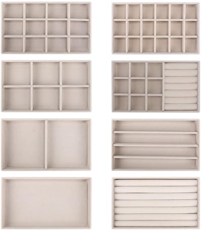 Dailygoods - EXLECO 8 stuks sieradenorganizers van fluweel met laden, stapelbare uitneembare plankjes voor oorbellen, ringen, armbanden en halskettingen - beige