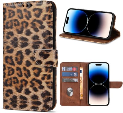 Multimedia & Accessoires Lederen Book Case Hoesje geschikt voor Apple iPhone 17 – Luipaard – Bruin -Telefoonhoesje – Met Stand – Kaarthouder – Pasjes Houder – Magneet Sluiting – Bookcase