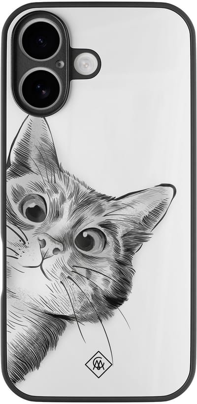 Casimoda® hoesje - Geschikt voor iPhone 17 - Peekaboo Kat - Luxe Hard Case Zwart - Backcover telefoonhoesje - Wit
