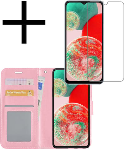 Hoesje - Met Screenprotector - Geschikt voor Samsung Galaxy A23 - Luxe Pasjeshouder - Bookcase Portemonee - Flip Case - Kunstleer Book Case - Flipcase - Book Cover - Walletcase - Portemonneehoes - Lichtroze
