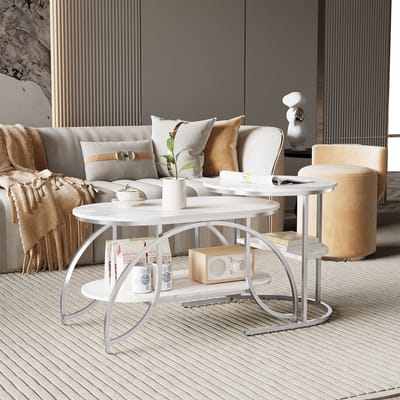 Moderne salontafels, set van twee salontafels met 2-laagse planken, tafelblad met marmerpatroon en stevige metalen onderstellen, woonkamermeubels
