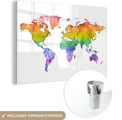 ® Glasschilderij 60x40 cm - Schilderij acrylglas - Wereldkaart - Pride vlag - Waterverf - Foto op glas - Muurdecoratie woonkamer - Wanddecoratie slaapkamer - Schilderijen