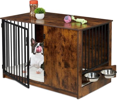Hondenbench Meubel - Hondenhok Binnen - Comfortabel Verblijf - Met 2 Draaibare Voerbakken - 655x102x60 cm - Bruin Zwart