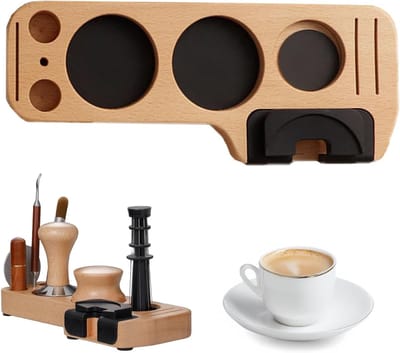 Tamping Station voor Koffie, 51/53/58 mm Tamper Basis van Beukenhout, Inclusief Koffie Distributor en Borstel voor Perfecte Espresso Bereiding