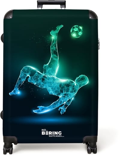 NoBoringSuitcases.com® - Koffer groot - Reiskoffer lichtgewicht - Silhouet van een voetballer in het groen en blauw - Rolkoffer met 4 wielen - Grote trolley XL - 98 liter bagage