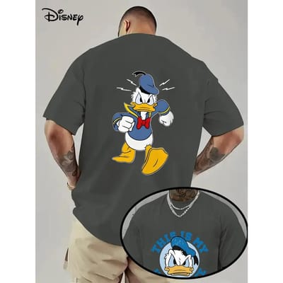 2025 Zomer Koel Koppel Disney Donald Duck T-shirt Unisex Heren 100% Puur Katoen Bedrukt T-shirt Oversized Top Kleding Ronde Hals S gray