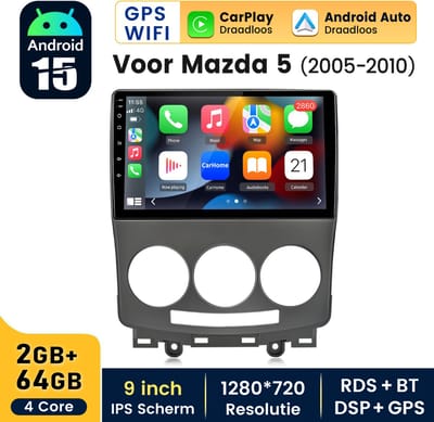 HexinexMarket - 9" Autoradio Geschikt Voor Mazda 5 (2005- 2010) - Draadloos CarPlay Android Auto multimediaspeler GPS Navi - 2GB+64GB