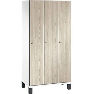 C+P locker Cambio, 3 vakken, op poten, B 900 x D 525 x H 1980 mm, verkeerswit/ essenhout decor