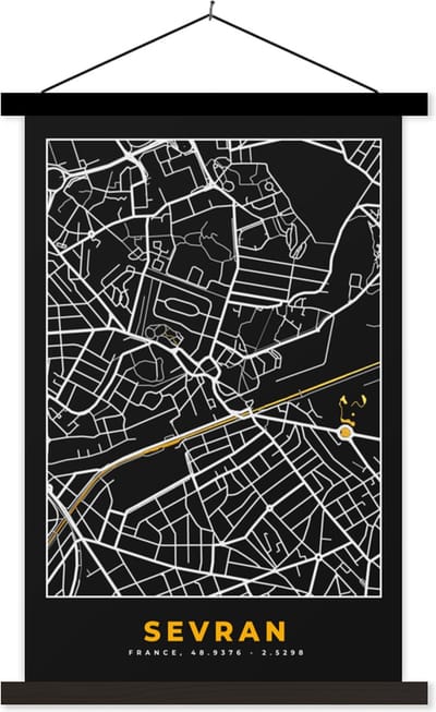 Posterhanger incl. Poster 40x60 cm - Schoolplaat - Stadskaart - Frankrijk - Plattegrond - Kaart - Sevran - Textielposter - Zwarte latten - Stadskaart
