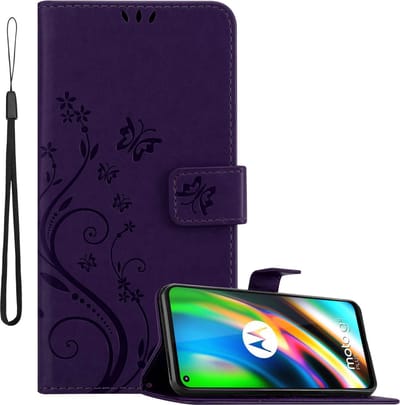 Cadorabo Hoesje geschikt voor Motorola MOTO G9 PLUS in BLOEMEN DONKER PAARS - Beschermhoes in bloemmotief met magnetische sluiting, standfunctie en kaartsleuven Book Case Cover Etui