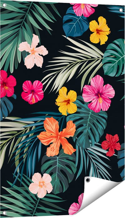 Gards Tuinposter Getekende Tropische Bloemen - Abstract - 60x90 cm - Tuindoek - Tuindecoratie - Wanddecoratie buiten - Tuinschilderij
