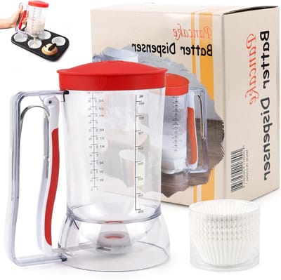 Dispenser voor Pannenkoekenbeslag 900ml met Deksel en Kom, Inclusief 100 Papieren Mallen voor Cupcakes, Muffins en Wafels