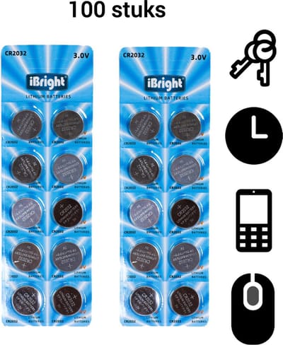 iBright CR2032 Lithium Batterijen - 3V Knoopcel batterij - 100 Stuks - Extra Power