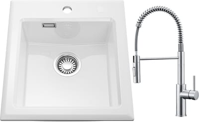 CECIPA Max Spoelbak Met Kraangat 45x50CM - Keramische Spoelbak Keuken - Spoelbakken Keuken Met Keukenkraan met Uittrekbare Uitloop - Wasbak Keuken - Wit