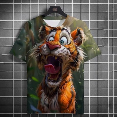 Cartoon Tijger Plezier 3D Print Nieuwigheid Mode Ronde Hals Korte Mouwen Mannen Zomer Grote Maten Losse Casual Top 6XL black