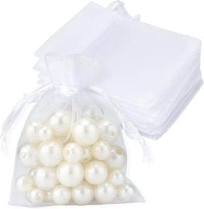 Organza Zakjes - 100 Stuks - Cadeauzakjes - Gaaszakjes - Sieradenzakjes - 9 x 7 cm - Feestzakjes - Met Trekkoord - Geschenkzakje - Geurzakjes - Snoepzakjes - Voor Bruiloft en Feest - Voor sieraden, snoepgoed, kleine cadeautjes, bruiloftsfavors - Wit