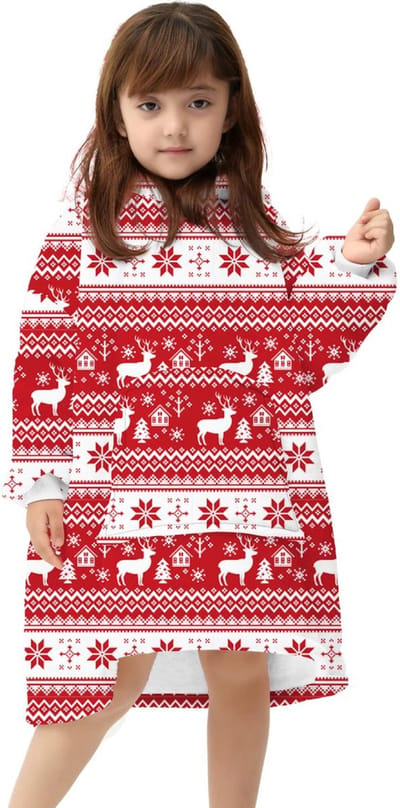 Kerst Hoodie Deken Extra LANG – Hoge Kwaliteit Sherpa Fleece – West Watches- 75 cm - Kinderen Rood