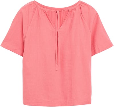Vrouwelijke Blouse met Korte Mouwen van Gemengd Linnen met Rimpeling en Versierd met een Strik s.Oliver