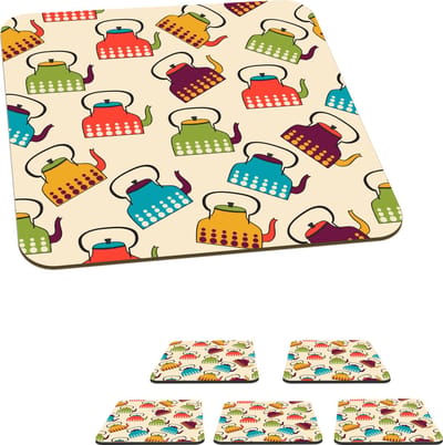 Onderzetters voor glazen - Design - Retro - Theepot - Kleuren - 10x10 cm - Glasonderzetters - 6 stuks