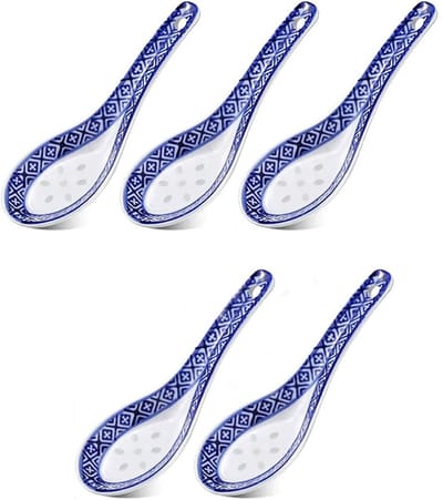 Allecto - Porseleinen Lepels - Chinese Soeplepels - Vaatwasserbestendig - Blauw en Wit - Dessertlepel - Perfect voor Soep en Desserts - 5 Stuks