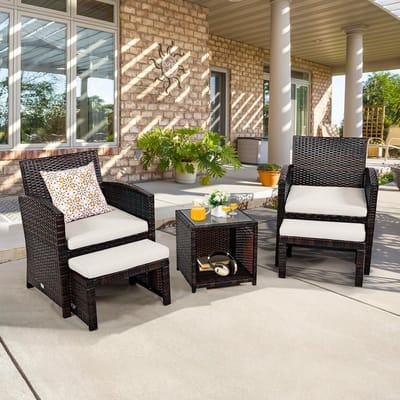Lunara Compact 5-delige Rattan Balkon Loungeset met Tafel en Opbergruimte 59x53,5x77,5 cm – 2 Stoelen, 2 Krukken en Glazen Salontafel, Weerbestendig PE Rotan met Witte Kussens