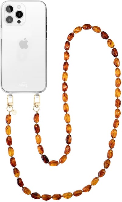 xoxo Wildhearts telefoonhoesje geschikt voor iPhone 11 Pro - Honey Flame (lang koord) - siliconen hoesje met koord - Backcover met telefoonkoord - Telefoonhanger stenen ketting - Bruin / Oranje