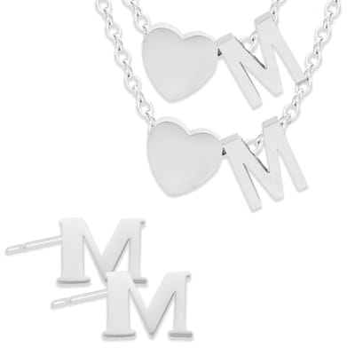 Initiaal Ketting & Armband & Oorbellen set met Letter M Zilverkleurig - Stainless Steel - Met letter & Hartje! - 3x Sieraden Cadeau - Pax Amare