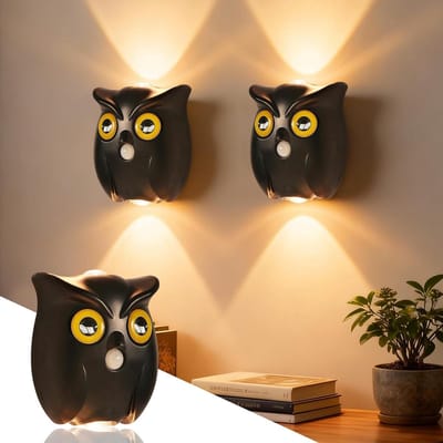 Wandlamp - Wandlamp Binnen - Wandlamp Oplaadbaar - Uilenwandlamp - Met bewegingssensor - Dimbaar - Magnetisch - 3 Standen - 2 Stuks - Zwart