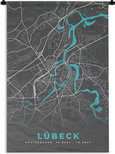 Wandkleed - Wanddoek - Blauw – Duitsland – Plattegrond – Stadskaart – Kaart – Lübeck - 120x180 cm - Wandtapijt