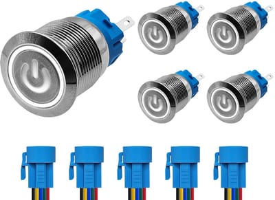 ProRide Drukschakelaar ON-OFF 12V/24V - 19mm Metaal - Waterdicht - LED Wit - Met Kabels - 5 stuks