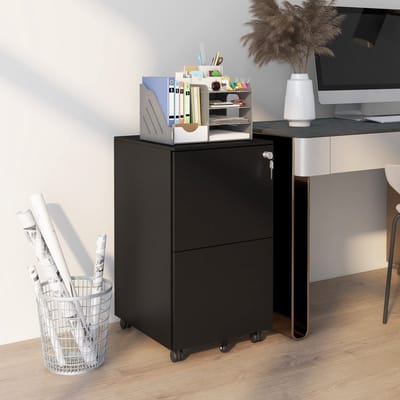 MODFU - Verrijdbare Archiefkast - 2 Afsluitbare Laden - Onder Bureau - Staal - Zwart - 37 x 43,5 x 67,5 cm