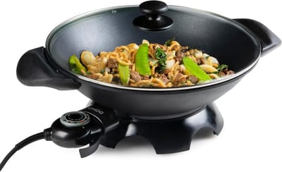Elektrische Wok - Gegoten Aluminium Pan - Aziatisch Koken - Antiaanbaklaag - 5 Liter Inhoud - Zwart