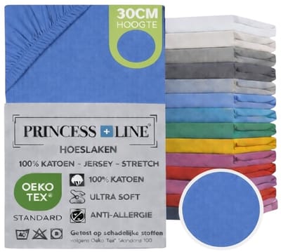 Princess Line- Comfortabel Ultra-Soft-Hoeslaken -100% katoen-Jersey -Stretch -Strijkvrij- Rondom elastiek-Hoekhoogte tot 30cm Eenpersoons -80x200-Blauw