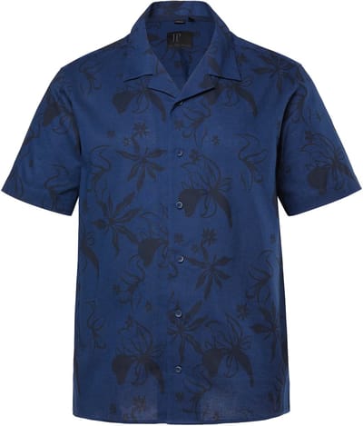 JP 1880 - Heren - linnenmix overhemd korte mouw Cubaanse kraag all-over print - Navy blauw - Maat 3XL
