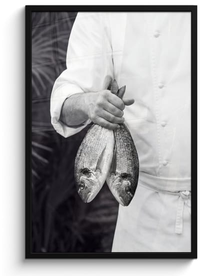 Poster in lijst - Fotolijst 60x90 cm - Posters - Vissen - Chef - Zwart - Wit - Posterlijst zwart - Decoratie - Wanddecoratie woonkamer - Muurdecoratie slaapkamer