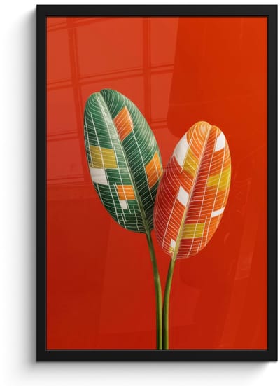 Poster in lijst - Fotolijst 40x60 cm - Posters - Bladeren - Ovaal - Mozaïek - Patroon - Posterlijst zwart - Decoratie - Wanddecoratie woonkamer - Muurdecoratie slaapkamer