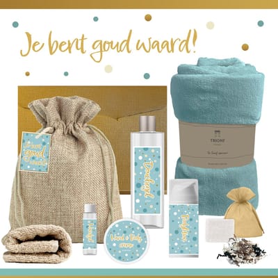 Geschenkset “Je Bent Goud Waard!” - 8 producten - 1210 gram - Triomf Cosmetica | Cadeau Vrouw Wellness Giftset Vrouw Cadeaupakket Speciaal voor jou Cadeau Pakket Bedankt Verjaardag Vriendin Moeder Collega Gift Set Kerst Kerstpakket Goud Turquoise