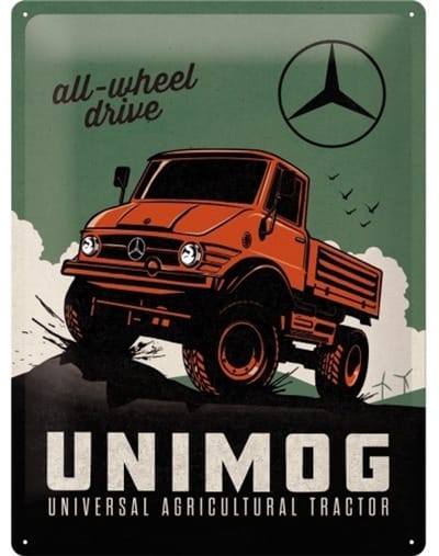 Mercedes-Benz Unimog. Metalen wandbord in reliëf 30 x 40 cm .