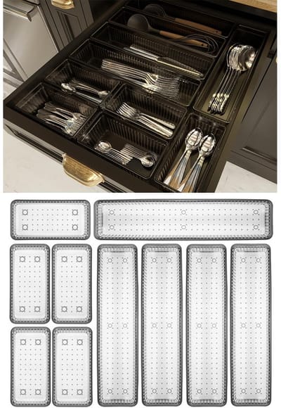 Lade-organizer, 10-delige set, bureau-organizer, keukenorganizer, lade-organizer, make-uptafel-organizer, make-up-organizer, ladeverdeler, badkamerorganizer (antraciet, 10)